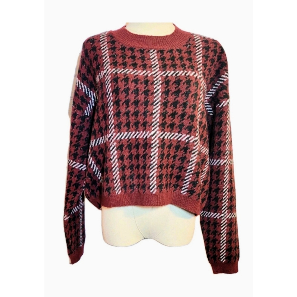 H&M Jacquard Knit Sweater Burgundy Houndstooth Pattern Size M Cropped Preppy NWT